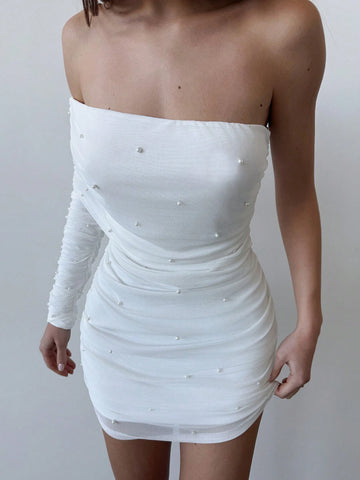 Aloruh Women's Mini Mesh Pearl Bubble Decor Ruffled Shirred Shoulder Dress