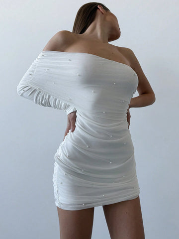 Aloruh Women's Mini Mesh Pearl Bubble Decor Ruffled Shirred Shoulder Dress