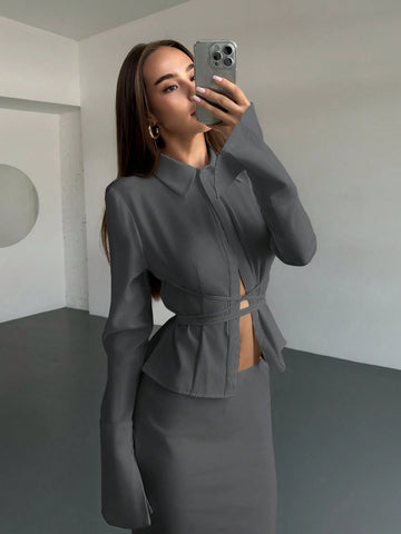 Aloruh Women's New Solid White Button Placket Lace-Up Blouse, For Autumn/Winter