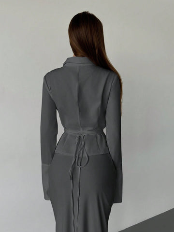 Aloruh Women's New Solid White Button Placket Lace-Up Blouse, For Autumn/Winter