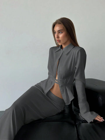 Aloruh Women's New Solid White Button Placket Lace-Up Blouse, For Autumn/Winter