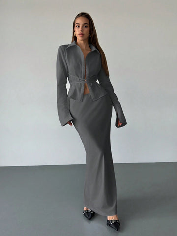 Aloruh Women's New Solid White Button Placket Lace-Up Blouse, For Autumn/Winter