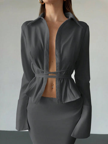 Aloruh Women's New Solid White Button Placket Lace-Up Blouse, For Autumn/Winter