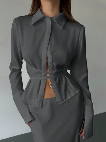 Aloruh Women's New Solid White Button Placket Lace-Up Blouse, For Autumn/Winter