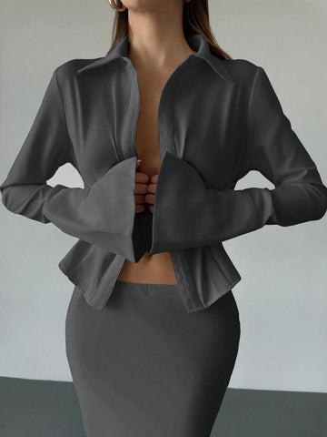 Aloruh Women's New Solid White Button Placket Lace-Up Blouse, For Autumn/Winter