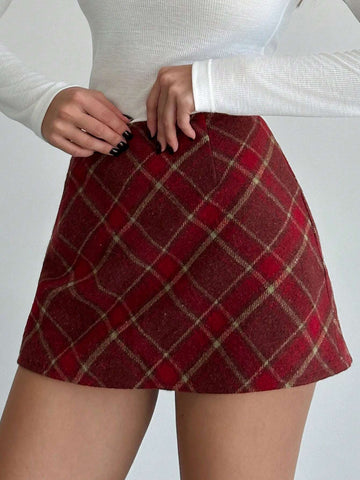 Aloruh Women's Red Plaid Christmas/Halloween All-Match Versatile A-Line Skirt, Autumn/Winter