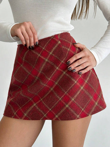 Aloruh Women's Red Plaid Christmas/Halloween All-Match Versatile A-Line Skirt, Autumn/Winter