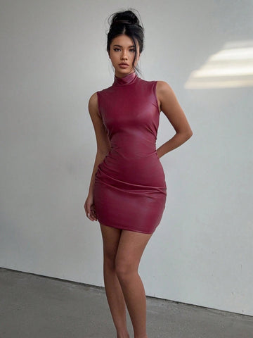 Aloruh Women's Sexy Vintage High Neck Fitted Burgundy PU Leather Mini Dress New Years Women Dress Winter Turtleneck Dress Christmas Women Dress