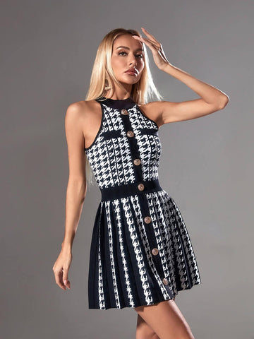 Amadea Houndstooth Knitted Mini Dress