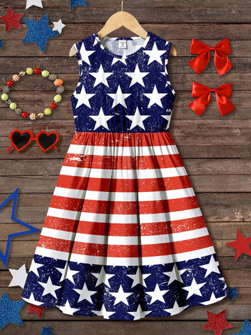 American Girl Graphic Print Dress, 4th Of July Independence Day Theme, Sleeveless Casual Mid-Length Dress With Stars And Other USA Elements, Suitable For Summer