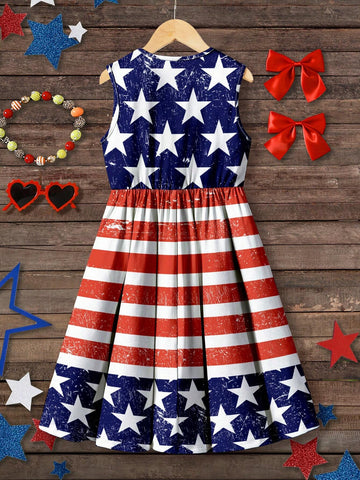 American Girl Graphic Print Dress, 4th Of July Independence Day Theme, Sleeveless Casual Mid-Length Dress With Stars And Other USA Elements, Suitable For Summer