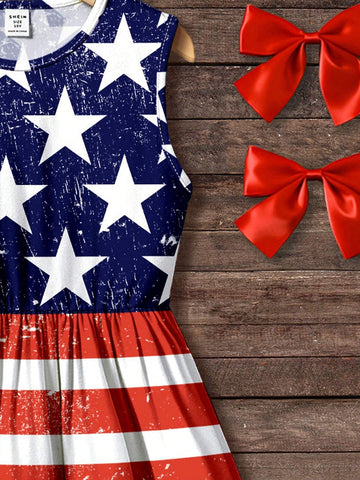 American Girl Graphic Print Dress, 4th Of July Independence Day Theme, Sleeveless Casual Mid-Length Dress With Stars And Other USA Elements, Suitable For Summer