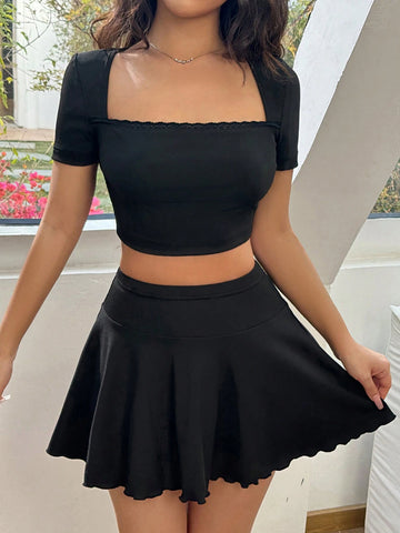 American Style Casual Short Sleeve Square Neck T-Shirt & Low Waist Skirt Set