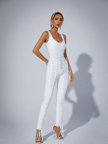 Amiyah Eyelet Lace Up Detail Jumpsuit In White