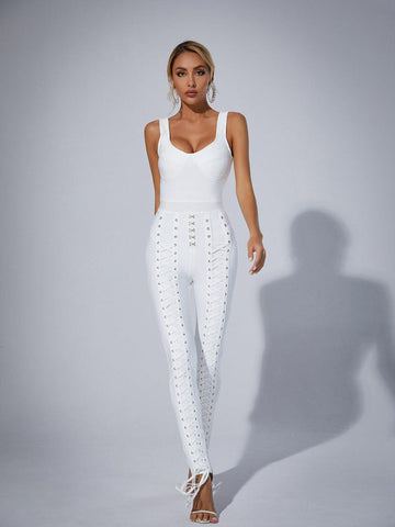 Amiyah Eyelet Lace Up Detail Jumpsuit In White