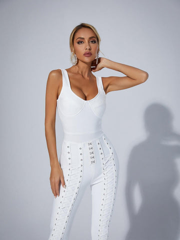 Amiyah Eyelet Lace Up Detail Jumpsuit In White