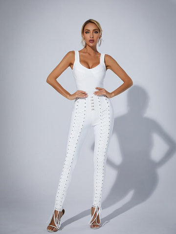 Amiyah Eyelet Lace Up Detail Jumpsuit In White