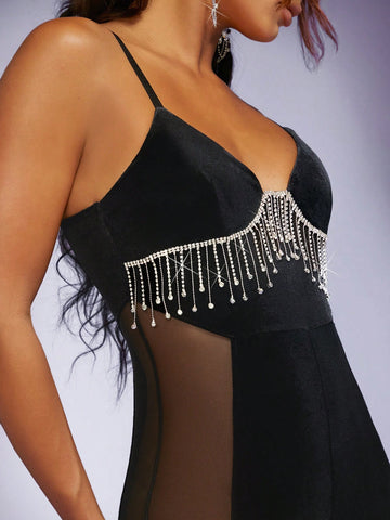 Andante USA Rhinestone Detail Mesh Insert Cami Unitard Jumpsuit