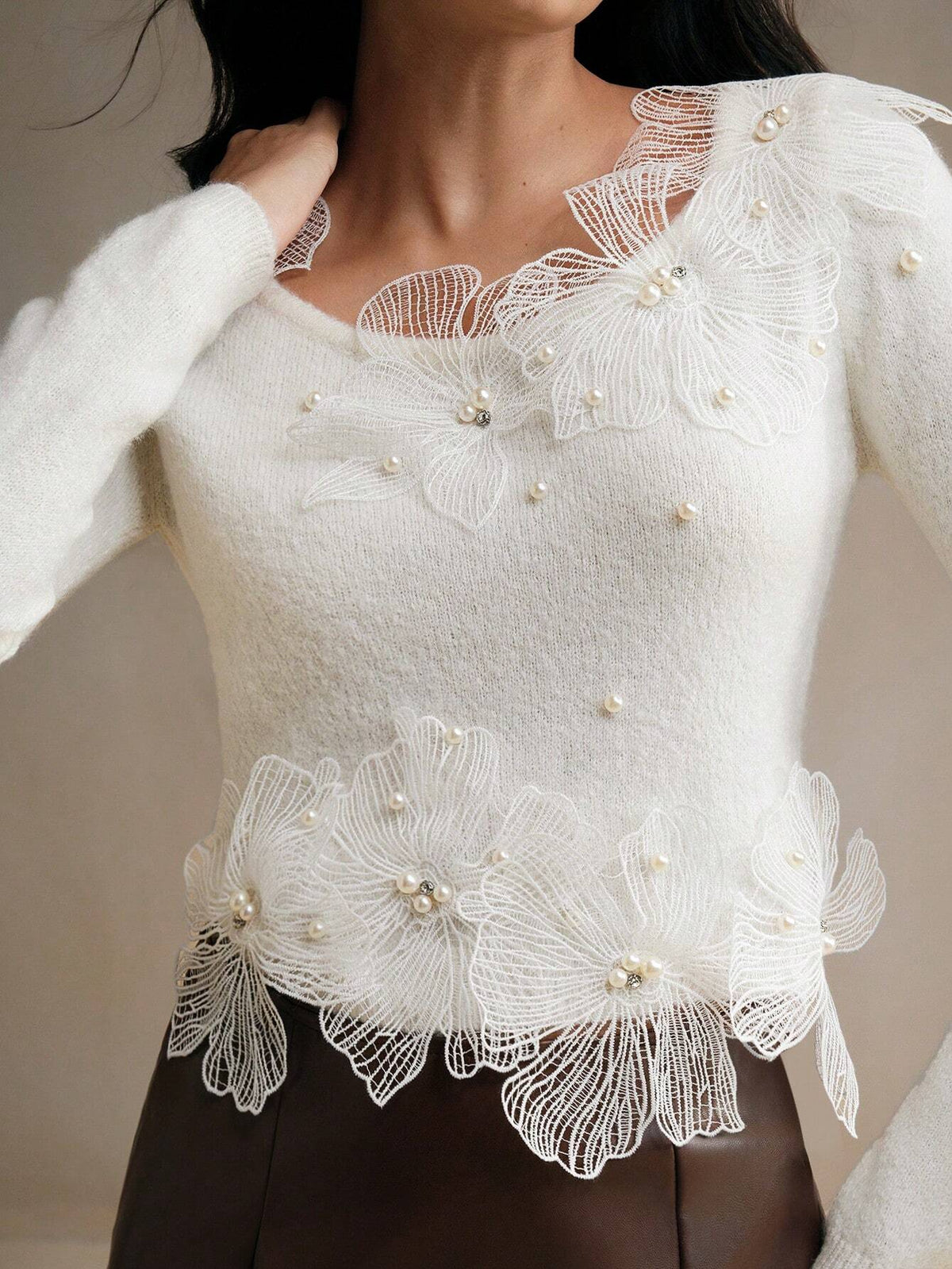 1pc Women 3D Floral Rhinstone Decor Long Sleeve Knitted Turtleneck Christmas Elegant Soft