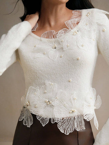 1pc Women 3D Floral Rhinstone Decor Long Sleeve Knitted Turtleneck Christmas Elegant Soft