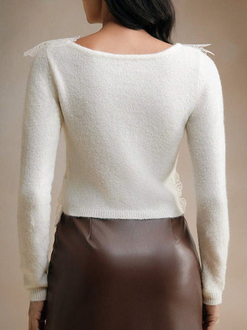 1pc Women 3D Floral Rhinstone Decor Long Sleeve Knitted Turtleneck Christmas Elegant Soft