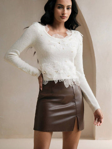 1pc Women 3D Floral Rhinstone Decor Long Sleeve Knitted Turtleneck Christmas Elegant Soft