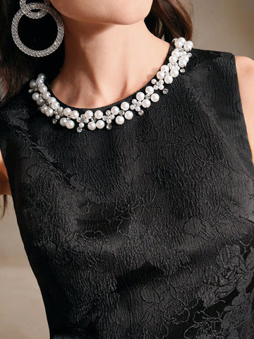 Anewsta 1pc Women Sleeveless Studded Sparkling Jacquard Waist Cinched Elegant Christmas Dress