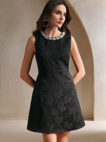 Anewsta 1pc Women Sleeveless Studded Sparkling Jacquard Waist Cinched Elegant Christmas Dress
