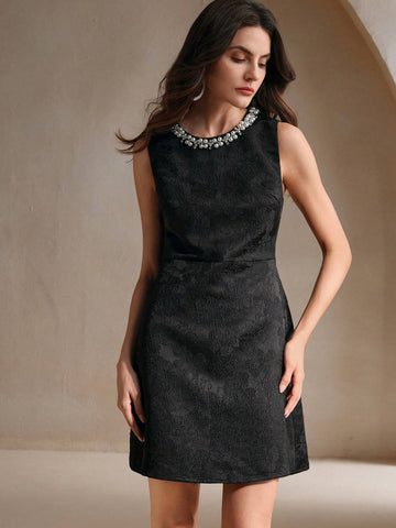 Anewsta 1pc Women Sleeveless Studded Sparkling Jacquard Waist Cinched Elegant Christmas Dress