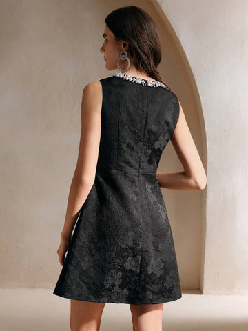 Anewsta 1pc Women Sleeveless Studded Sparkling Jacquard Waist Cinched Elegant Christmas Dress