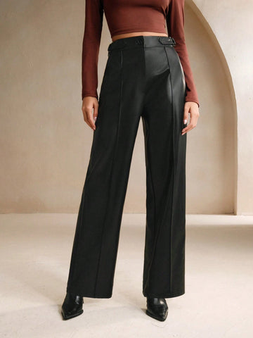 Anewsta 1pc Women's Black Rigid Straight-Leg Casual Pants, Wrinkle-Resistant Faux Leather Trousers