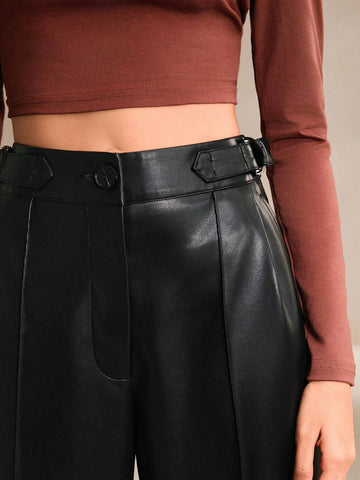 Anewsta 1pc Women's Black Rigid Straight-Leg Casual Pants, Wrinkle-Resistant Faux Leather Trousers