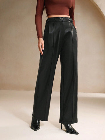 Anewsta 1pc Women's Black Rigid Straight-Leg Casual Pants, Wrinkle-Resistant Faux Leather Trousers