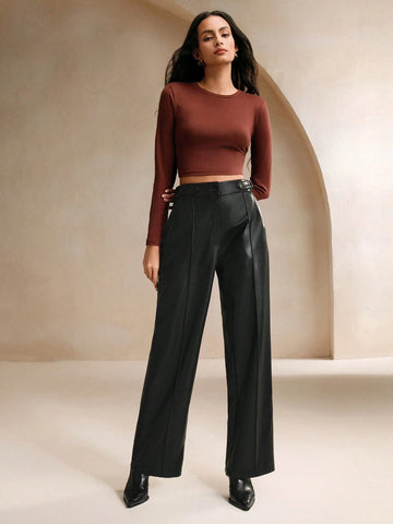 Anewsta 1pc Women's Black Rigid Straight-Leg Casual Pants, Wrinkle-Resistant Faux Leather Trousers