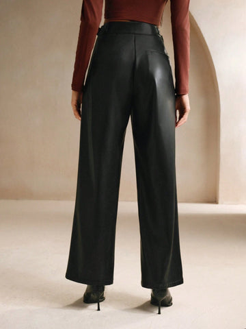 Anewsta 1pc Women's Black Rigid Straight-Leg Casual Pants, Wrinkle-Resistant Faux Leather Trousers