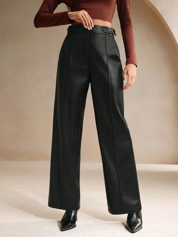 Anewsta 1pc Women's Black Rigid Straight-Leg Casual Pants, Wrinkle-Resistant Faux Leather Trousers