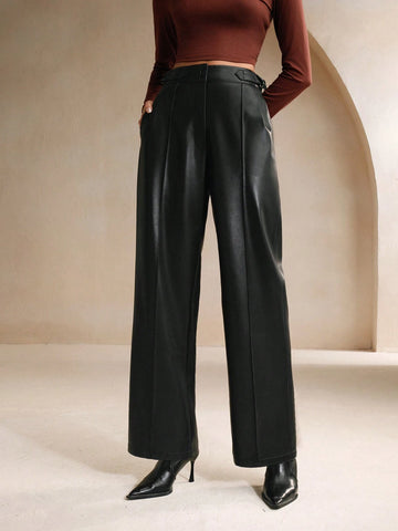 Anewsta 1pc Women's Black Rigid Straight-Leg Casual Pants, Wrinkle-Resistant Faux Leather Trousers