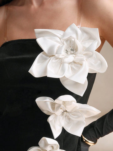 Anewsta 1pc Women's Elegant 3D Floral Bandeau Bodycon Dress, Summer