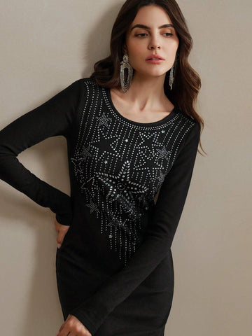 Anewsta 1pc Women's Elegant Long Sleeve Black Rhinestone Star Knit Mini Dress, Versatile For Daily Wear