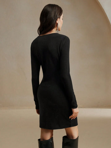 Anewsta 1pc Women's Elegant Long Sleeve Black Rhinestone Star Knit Mini Dress, Versatile For Daily Wear