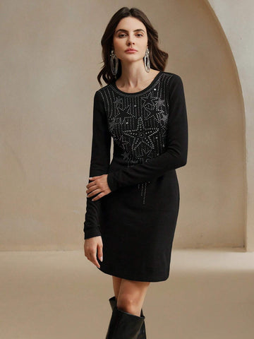 Anewsta 1pc Women's Elegant Long Sleeve Black Rhinestone Star Knit Mini Dress, Versatile For Daily Wear