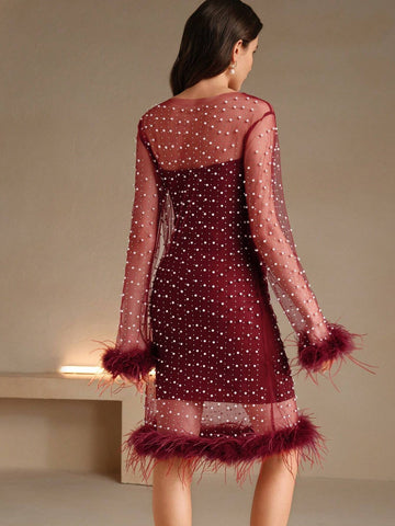 Anewsta 1pc Women's Long Sleeve Feather Embellished Rhinestone Beaded Mesh Overlay Dress