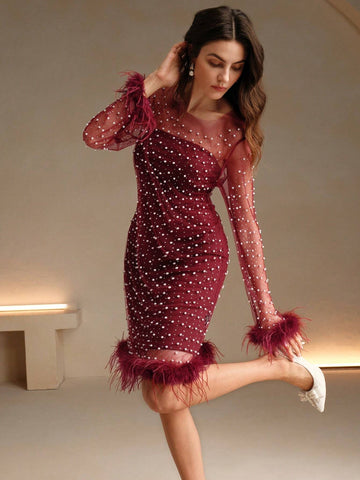 Anewsta 1pc Women's Long Sleeve Feather Embellished Rhinestone Beaded Mesh Overlay Dress
