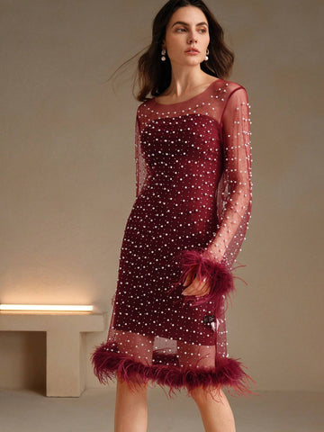 Anewsta 1pc Women's Long Sleeve Feather Embellished Rhinestone Beaded Mesh Overlay Dress