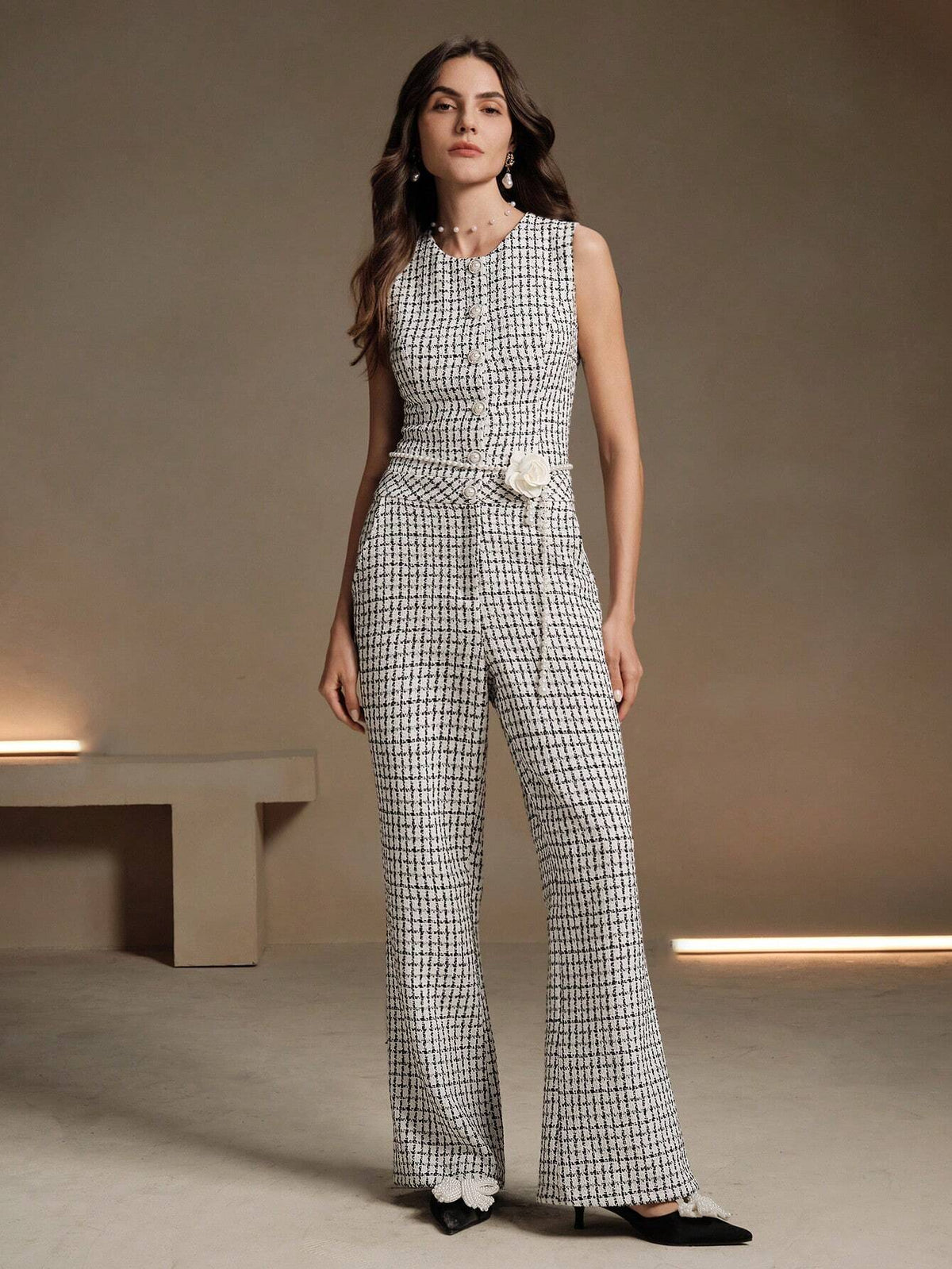Anewsta 1set Plaid Sleeveless Jumpsuit, Elegant And Sophisticated Design