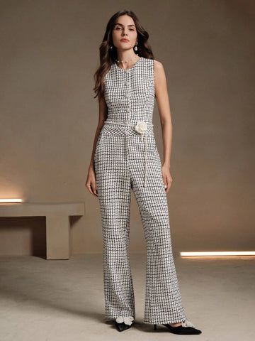 Anewsta 1set Plaid Sleeveless Jumpsuit, Elegant And Sophisticated Design