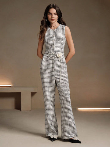 Anewsta 1set Plaid Sleeveless Jumpsuit, Elegant And Sophisticated Design