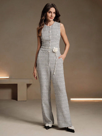 Anewsta 1set Plaid Sleeveless Jumpsuit, Elegant And Sophisticated Design
