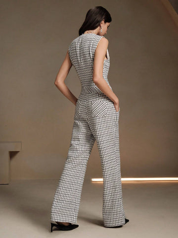 Anewsta 1set Plaid Sleeveless Jumpsuit, Elegant And Sophisticated Design
