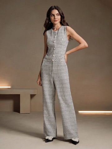 Anewsta 1set Plaid Sleeveless Jumpsuit, Elegant And Sophisticated Design